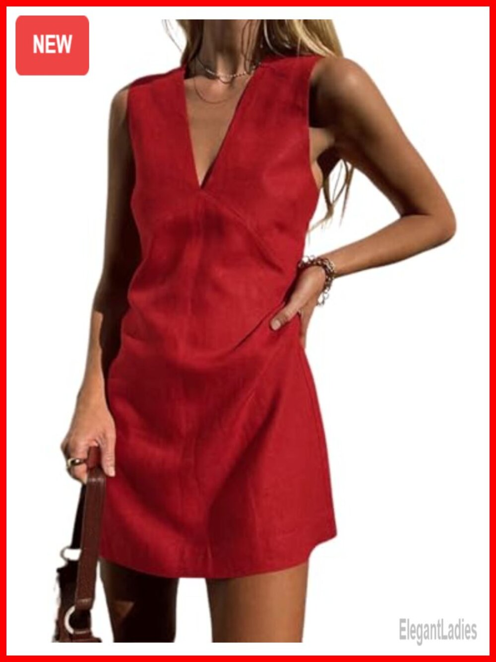 Sleeveless Cotton Linen Mini Dress V-Neck A-Line High Waist Summer
